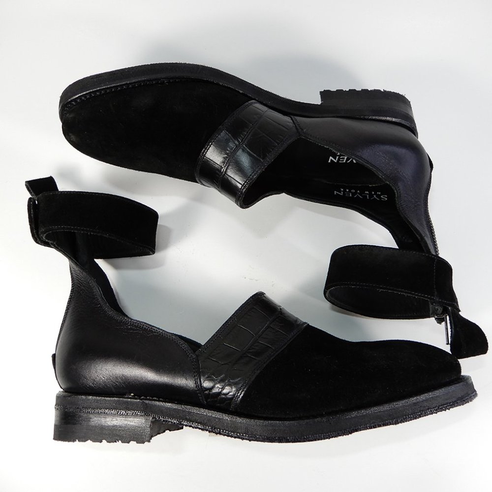 SYLVEN New York Lennox Croc Embossed Ankle Strap SHOES Size 7.5 Black Leather NE - Picture 7 of 10